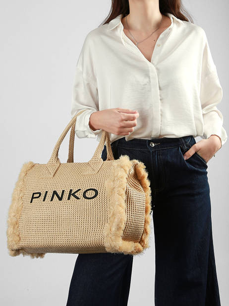 Sac Porté Main Logo Shopper Raphia Pinko Beige logo shopper 6673A39Y vue secondaire 1